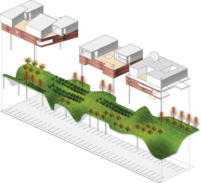 Expanding Greenbelt and Stacked Mixed-Use: An existing parking lot is capped with a new undulating greenbelt structure. Single-family houses, multifamily units, and office spaces are placed on top of the greenbelt structure.