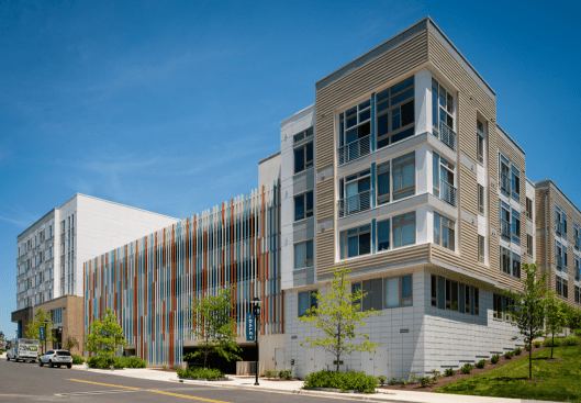 Bozzuto's Daley apartment building in Rockville, Md., is located in a walkable community close to transportation, dining, retail, and outdoor recreation.