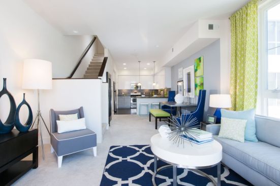 The living-room level of an apartment unit at the Domain. The
building recently took best-in-show honors in the Modular Building Institute’s
2015 Awards of Distinction.