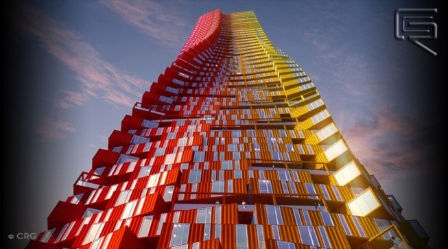 Architecture firm CRG Architects has released renderings for Container Skyscraper, two cylindrical towers constructed out of over 2,500 shipping containers.