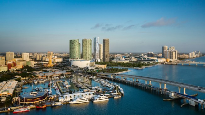 Downtown Miami Skyline featuring the One Museum condominium development adjacent to Miami Art and Science Museums.