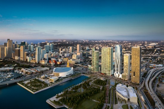 Downtown Miami Skyline featuring the One Museum condominium development adjacent to Miami Art and Science Museums.