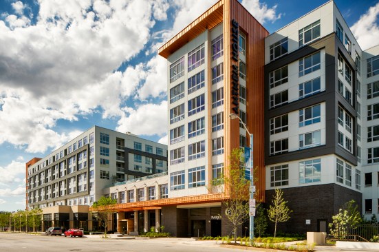 Anthem House in Baltimore was designed in a "Z" shape to take advantage of views of the Inner Harbor and the city skyline while minimizing mass, with the building's 292 units spread among multiple levels. The eighth level features the largest units; the ninth houses co-developer War Horse Cities' offices.