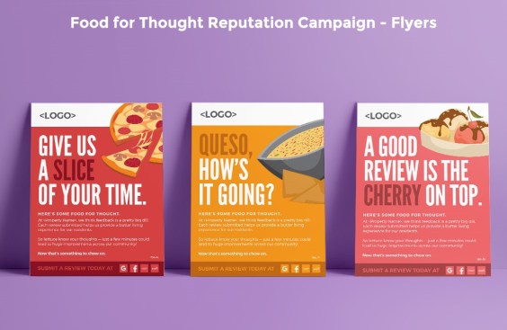 An example of a reputation-management campaign used to promote a request for property reviews. Various properties paired the campaign with actual events and food offered at those events.