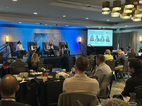 From left, Sarah Yaussi, Real Estate Technology & Transformation Center, discusses the latest technology trends in multifamily with AvalonBay Commnunities' Rukevbe Esi, RPM Living's Scott Pechersky, and Western Wealth's Jennifer Staciokas.
