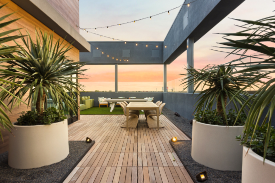 Jefferson Cenza's roof deck lounge and dining area in Placentia, California.
