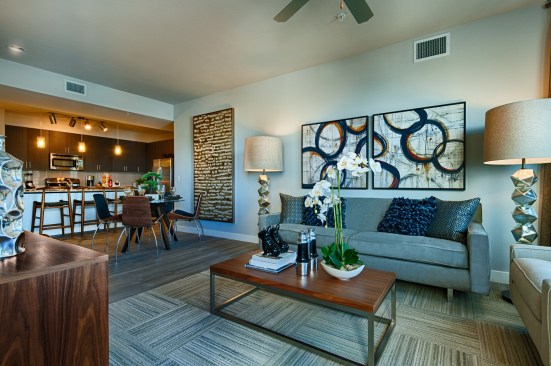 Lennar Multifamily's Skywater at Town Lake in Tempe, Ariz., open kitchen-living room space.