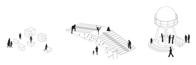 Suburban Furniture: Portable Seating and Playing Surfaces; Exercise Station/Stoop; Community Water Tower/Lounge