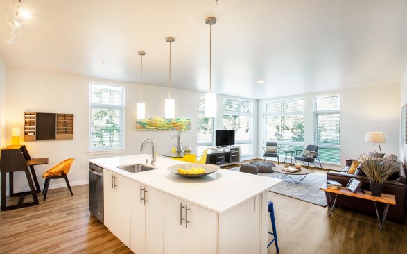 open floor plan, kitchen island, sunny space apartment windows
