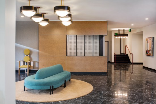 Lobby and concierge desk at The Flat in downtown L.A.