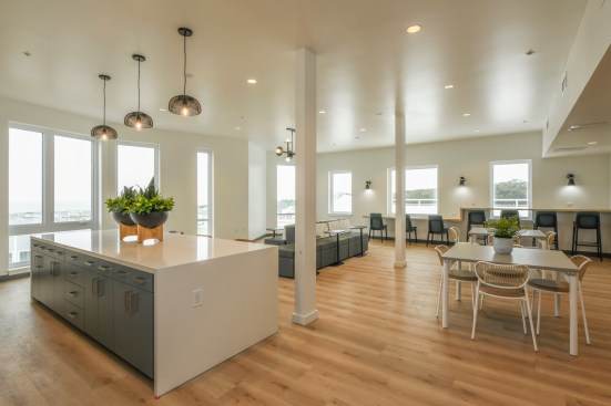 An amenity that stands out at Shirley Chisholm Village is the co-working lounge with ocean views on the top floor.