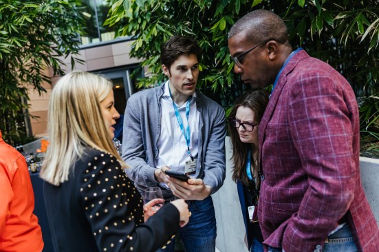 Steve Lefkovitz (left), with RealtyCom Partners and the Joshua Tree Conference Group, talks with the Multifamily Technology and Entrepreneurship Conference attendees.