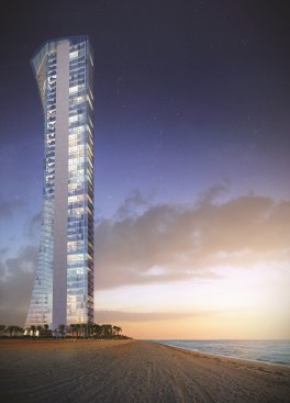 Muse, a 50-story, 68-unit, glass-and-steel enclosed spire developed by Property Markets Group, rises from the Sunny Isles Beach sand with the sensual twist of a flamenco dancer. The building was designed by world-renowned architect Carlos Ott.