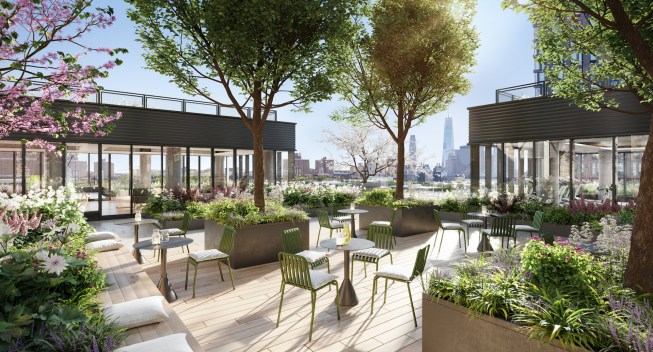 Designed by CetraRuddy, One Essex Crossing on Manhattan's Lower East Side has a garden with city views.