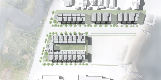 Saltmeadow's 60 units enjoy direct access to an inlet flowing into the Atlantic Ocean (far right in plan).