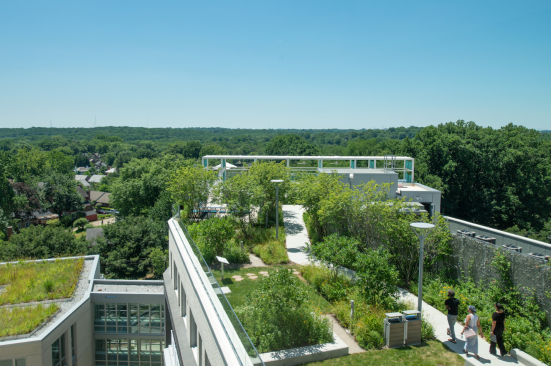 The Pearl is packed with green rooftop garden space, providing views of trees and plants from residential units.