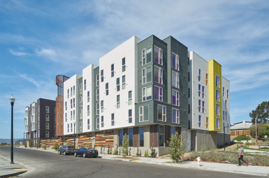 AMCAL’s 60-unit Pacific Pointe in San Francisco features two four-story buildings atop a ground-level garage that provides parking for 45 cars and 44 bicycles.