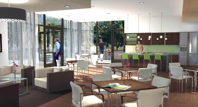 Communal space to sit and eat casually was an essential ingredient at Denver’s University Hills Senior Residences (community room shown). The development also includes exercise and meeting rooms and an outdoor garden. 