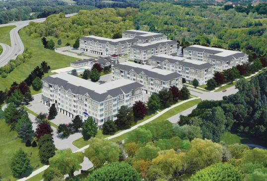 An aerial rendering shows the plans for Toll Brothers’ Plymouth Road community in Plymouth Meeting, Pa. The builder plans to construct more than 350, one- and two-bedroom units for the luxury rental project.