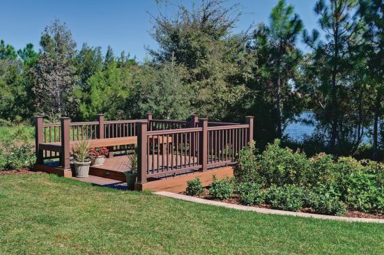 Composite Sketch The Florida heat and humidity wreaks havoc on wood, which is why the house's backyard deck is made with TimberTech's Earthwood Evolutions composite decking and composite Radiance Rail. Made from wood fiber and plastic, the material requires no staining or sealing and is virtually weather resistant. www.timbertech.com.