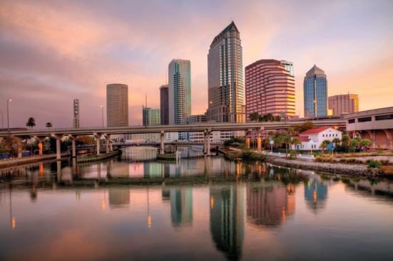 Beautiful pink sunrise and reflections in downtown Tampa, Florida