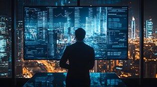 A real estate investor analyzing a diverse portfolio of properties on multiple screens, focusing on maximizing ROI, with a sleek, professional setup