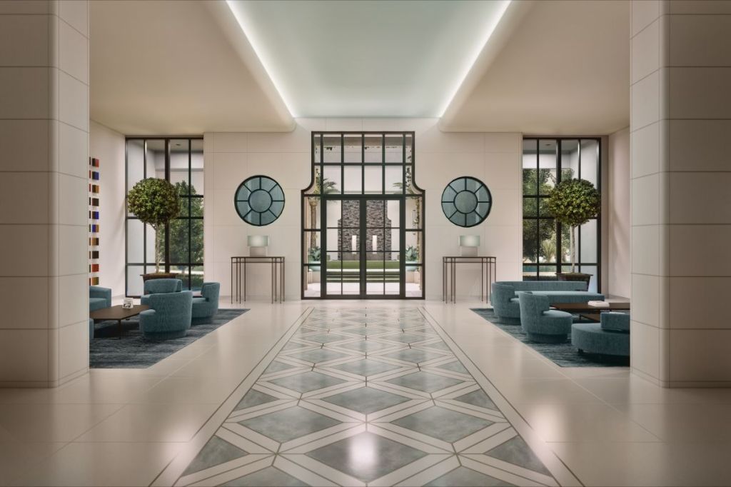 A rendering of the lobby at Regency Parc in Coral Gables, Florida.